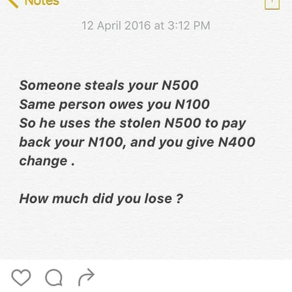 Gidi_Traffic's tweet image. “@9jasparker: Wednesday morn #SparksQuiz. Tricky something. What's your answer to this? @Gidi_Traffic https://t.co/t0ObECaWPS”