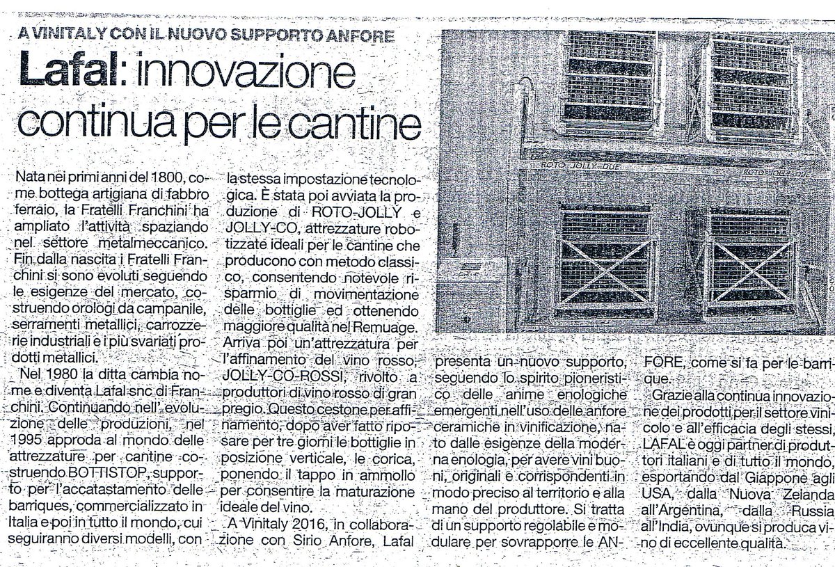 Articolo uscito sul quotidiano <a href="/larenait/">L'Arena</a> l'11/04/2016. #bottistop #anfore #wine #Vinitaly2016 #rotojolly #giropallet
