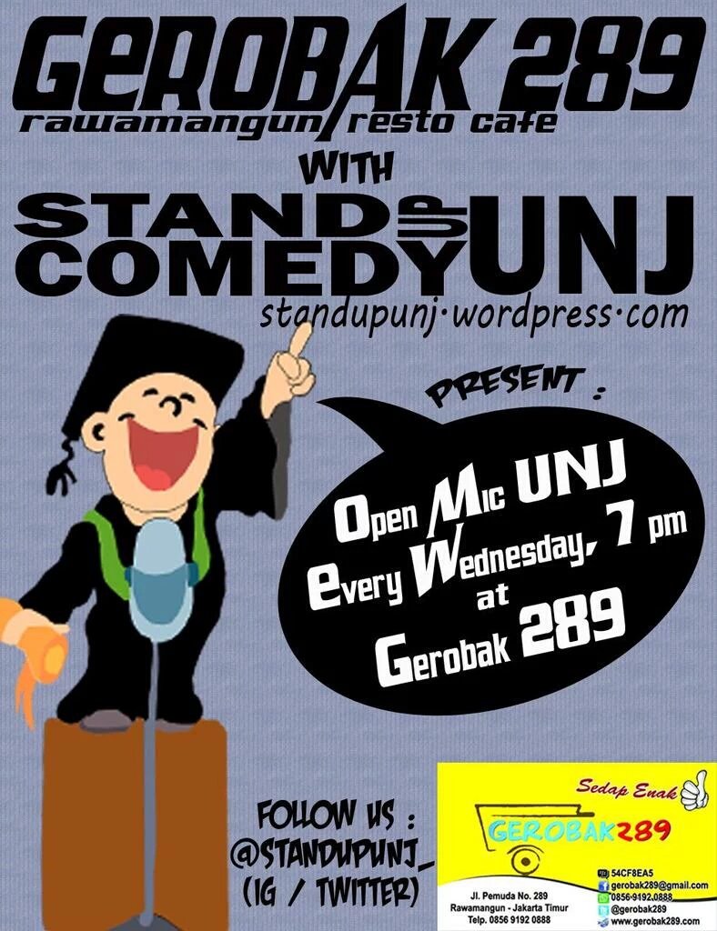#OPENMICUNJ JAM 8 malam di GEROBAK 289 RAWAMANGUN | Mau coba Open Mic / nonton doang? Hayuk!
GRATIS!! Tapi Jajan ya😘