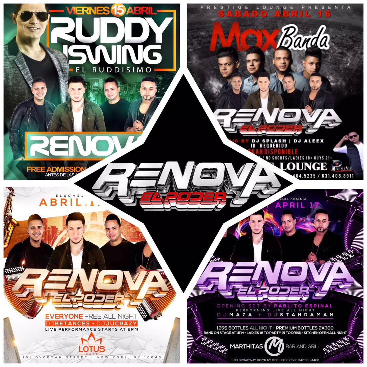 Fri - Mamajuana Cafe 
Sat - Prestige Lounge 
Sun - Lotus Cafe 
Sun - Marthitas 
#TeamRenova #NycTipico