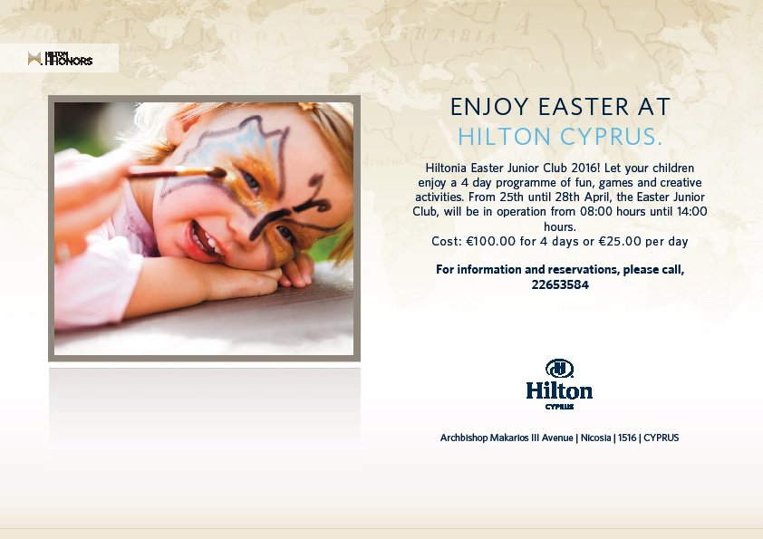 HiltoniaClub's tweet photo. KIDS EASTER @HiltonCyprus #Hiltonia #Easter Junior Club 2016! 4 days of fun, games &amp; creative activities. https://t.co/3GUpf7y9Rk
