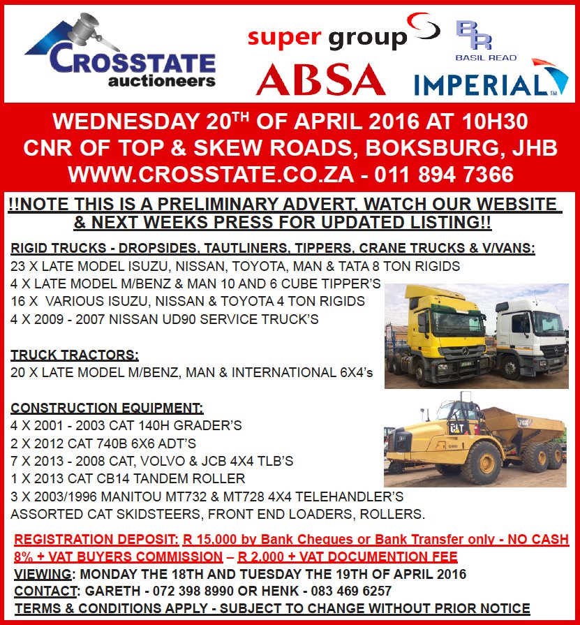 AuctionTraders's tweet image. Crosstate Auctioneers,  Boksburg, Gauteng, SA
Transport &amp;amp; Construction Auction
20 April 10:00AM
Contact 011 894 7366
