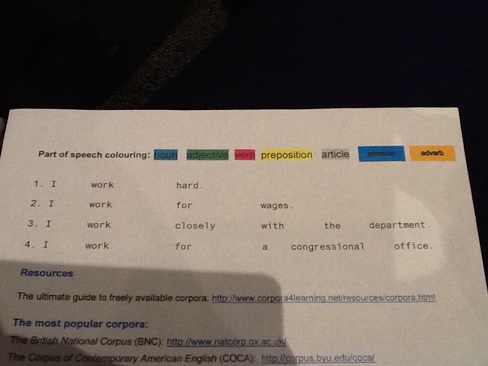 #iatefl @teflhelper 3. Colour-code me. COCA helps you to do this easily. Can you colour-code these sentences? https://t.co/TuRkPYUdu8