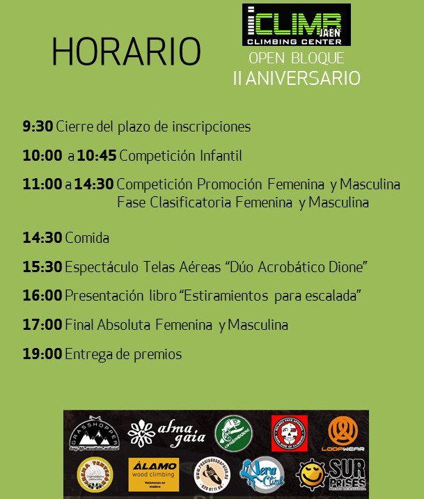iCLIMBJaen's tweet photo. Ya tenemos horarios para el II Aniversario @iCLIMBJaen!!

Inscripciones: https://t.co/JXzhGnayD6 https://t.co/9F88lvAt1q