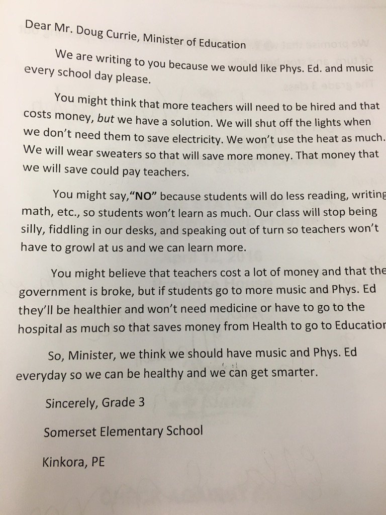 mattrainniecbc's tweet photo. Here is the letter a group of grade 3 students sent to Education Minister @DougCurrie #pei https://t.co/Hf35WPaZx7