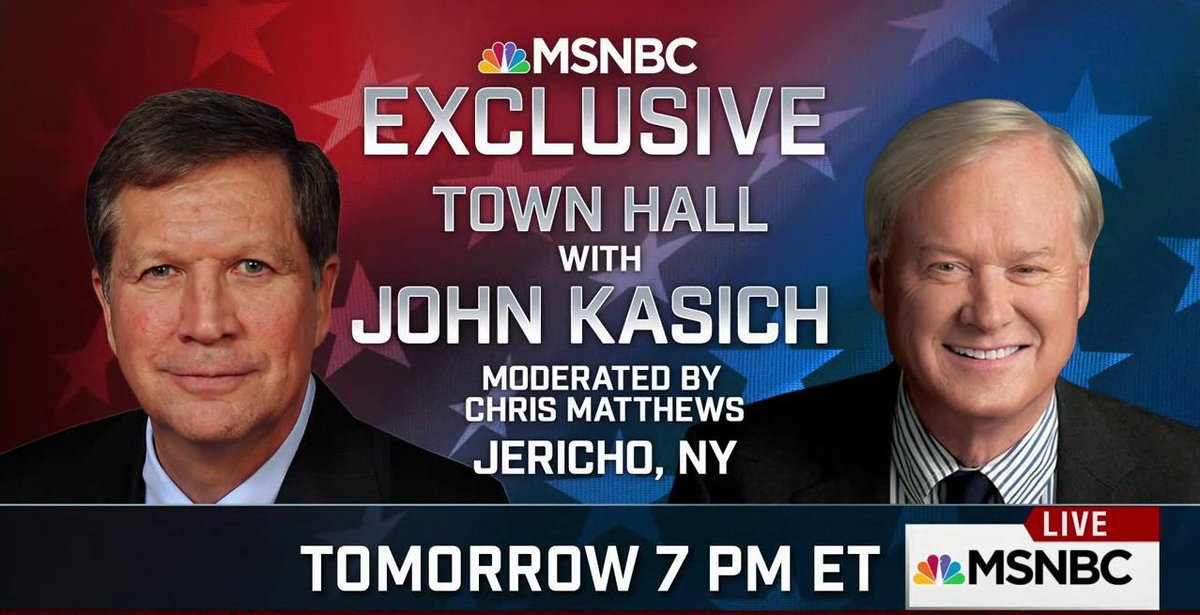 Morning_Joe's tweet photo. Watch @MSNBC's exclusive Town Hall with @JohnKasich TOMORROW at 7PM ET! https://t.co/BlwPJ994x0