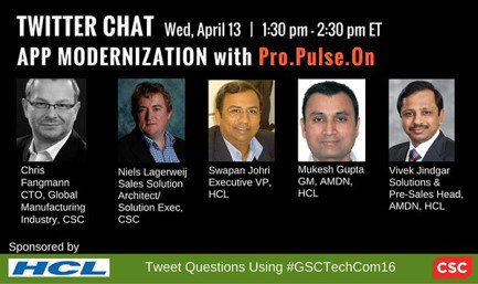 Want to chat? Join @hcltech @CSC for #Twitter chat today @ 1:30-2:30pm ET! Tweet questions using #GSCTechCom16 #apps