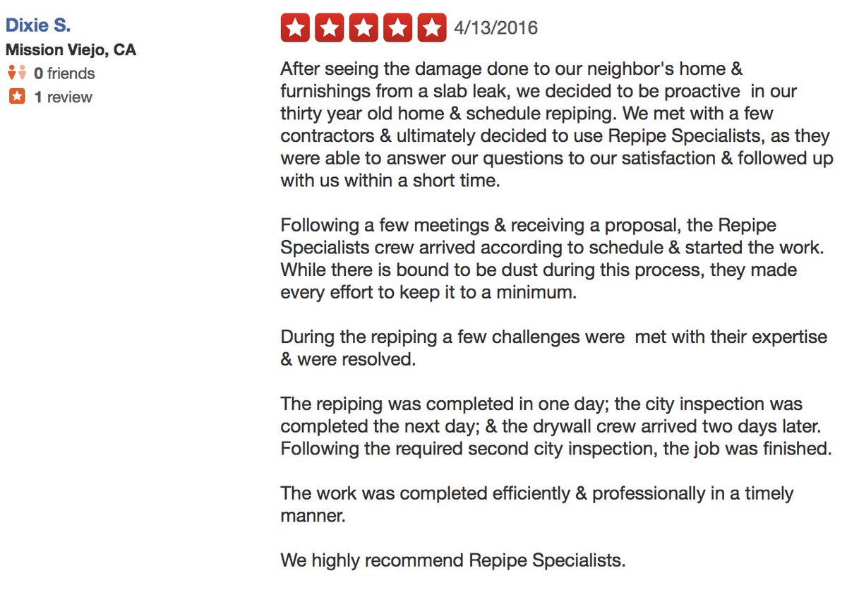 RepipeSpecialis's tweet photo. We sincerely appreciate your @YelpLA review Dixie! #repipespecialists #repipe #plumbing #homerepipe #pipeleak https://t.co/0wKCBAeVNC