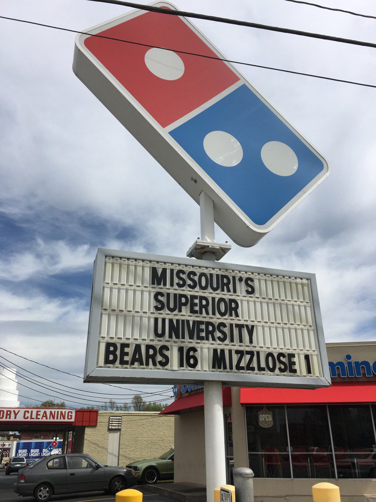 realSTLsignman's tweet photo. Pretty day with a pretty sign to celebrate @MSUBearBaseball crushing 16-1 defeat over the school up north. https://t.co/tBR3XNMII3