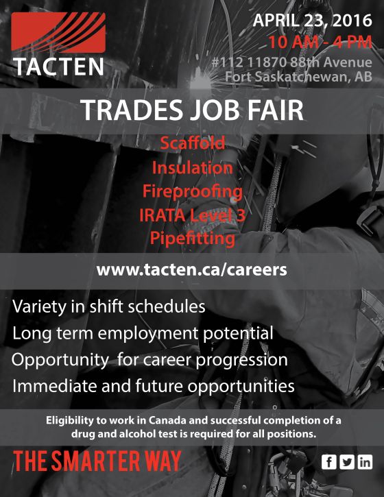 Tacten_Inc's tweet photo. We are having a #trades job fair April 23rd in #fortsask . Scaffold, fireproofing, insulation, #ropeaccess. #yegjobs https://t.co/RWE4EIyV9E