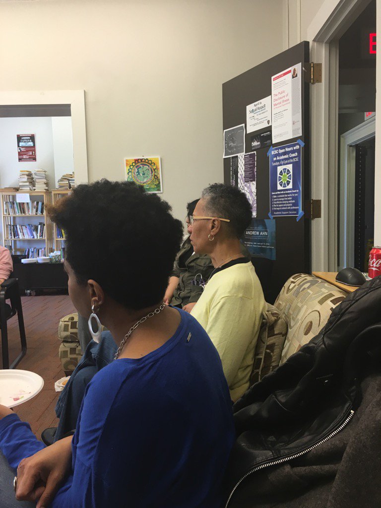 RELjulia's tweet photo. @SBridgforth and Renita Martin listening to Professor Elmo Terry-Morgan speak about the lineage of #Blx2016 https://t.co/l55xw8NjzR