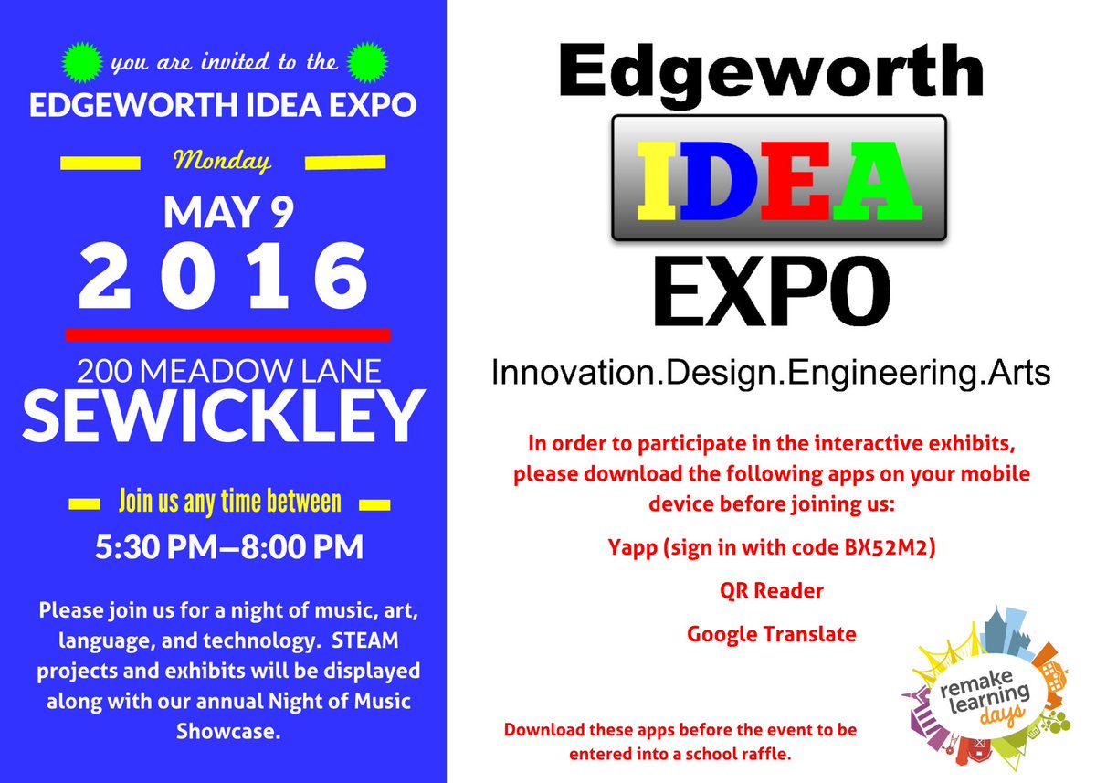 Edgeworth Elementary IDEA Expo- May 9 <a href="/remakelearning/">Remake Learning</a>.  Come join us!