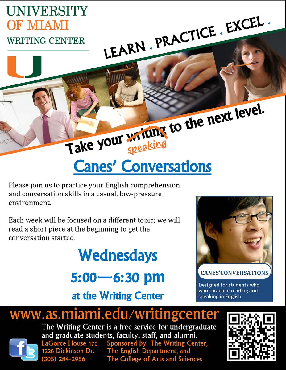 UMWritingCenter's tweet image. ESL Students: It's time for Canes Conversations! I hope you can make it!
There are only 3 more sessions this spring.
