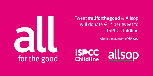 ISPCCChildline's tweet photo. Tweet #allforthegood today and our charity partner @AllsopIreland will kindly donate €1 per tweet to @ISPCCChildline https://t.co/XPLPUSj7jy