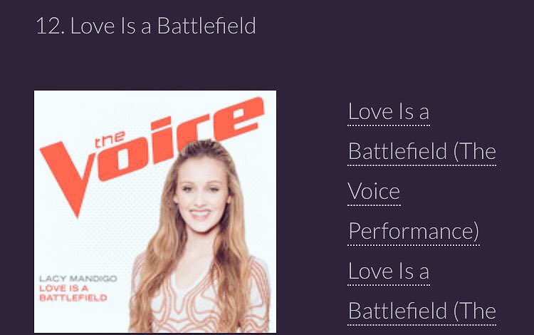 Look who's at #12 on iTunes Rock Chart @LacyMandigo rising ⬆️ @NBCTheVoice10 Voting continues until noon