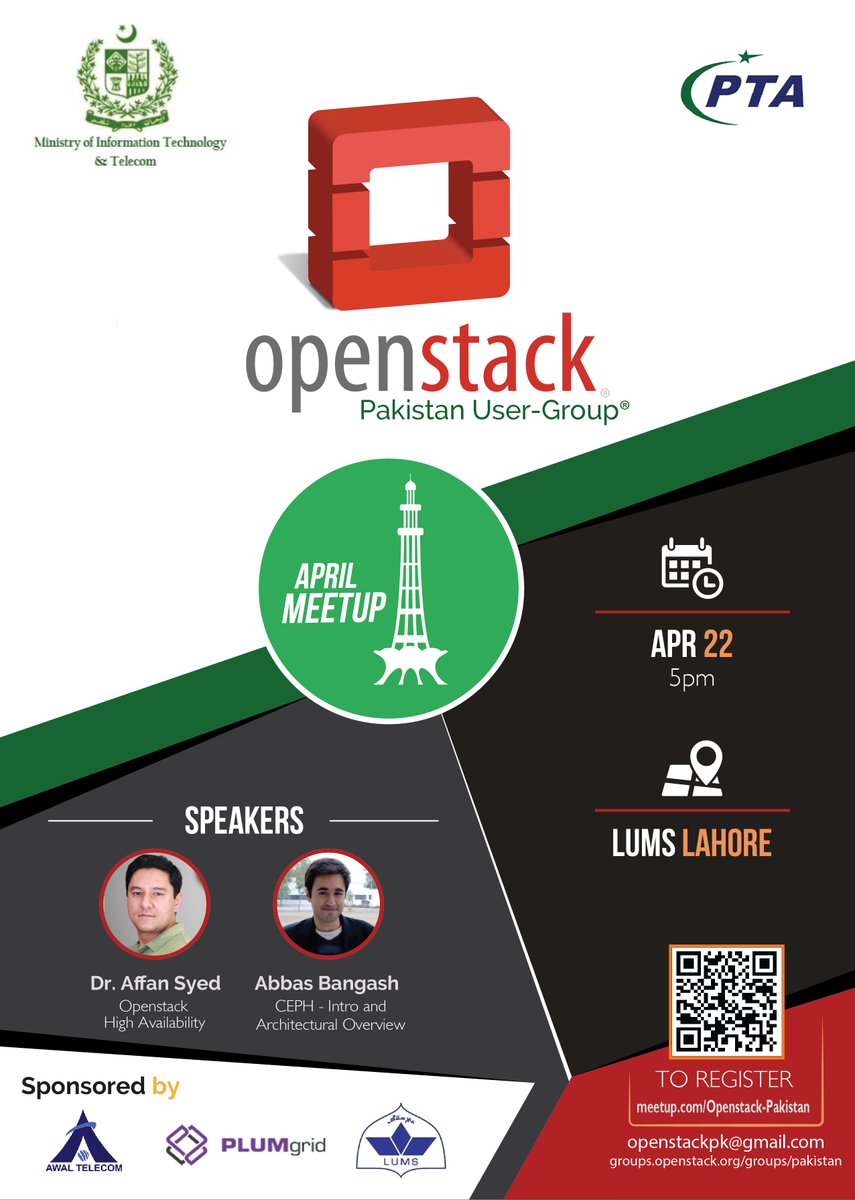 openstack_pak's tweet photo. Openstack Pakistan Meetup @ Lahore is scheduled on April 22 at LUMS. #openstackPK https://t.co/UWy2B2c4q1 https://t.co/7BTIDgJ6Bp