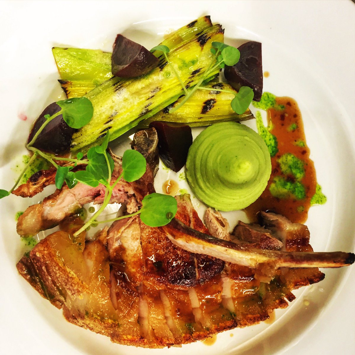 Roasted Rare Breed Cornish Black Pig Chop, Wild Garlic Mash, Charred Leeks, Beets &amp; Roasting Juices. <a href="/globefowey/">The Globe Fowey</a>
