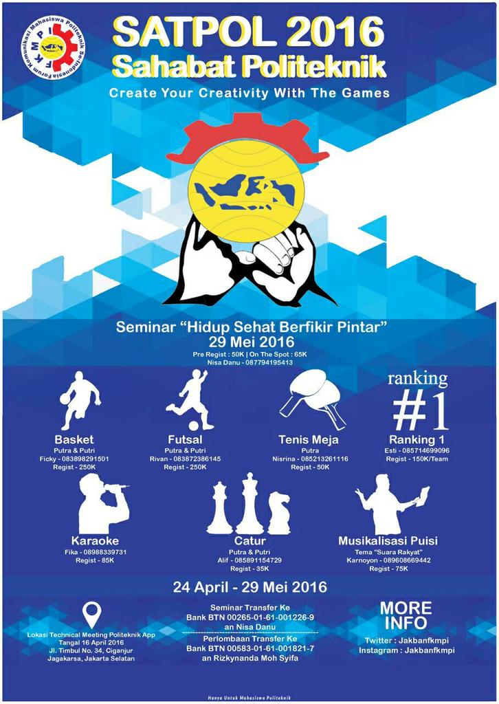 <a href="/FisioPoltekkes3/">HMP FISIOTERAPI JKT3</a> : 📣📣Kamu punya bakat olahraga/seni?  Come &amp; join us!💃💃 Yuk dftrkn diri &amp; team mu! Di SATPOL 2016