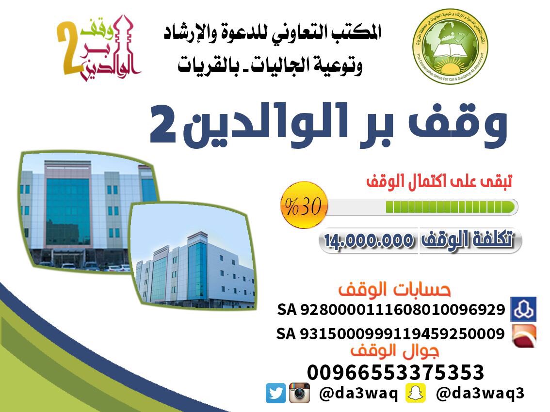 تبقى على اكتمال الوقف٣٠٪
#وقف_بر_الوالدين2
نهر جارٍ من الحسنات لا ينقطع..
فهو صدقة جارية لك ولمن تحب🌹
#السعودية
