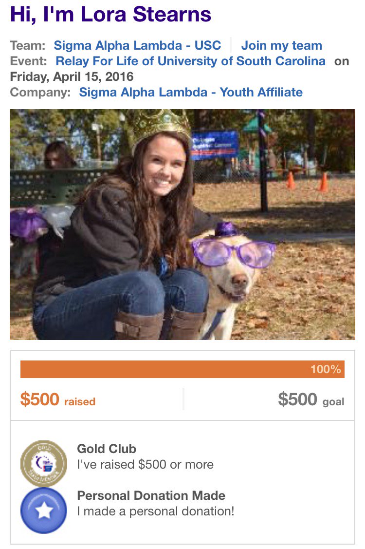SALHONORS's tweet photo. Shout out to our @RelayForLife Intern, @_lor93 for meeting her $500 goal! You are awesome! #VoteOutCancer https://t.co/0l6D9QH8f7