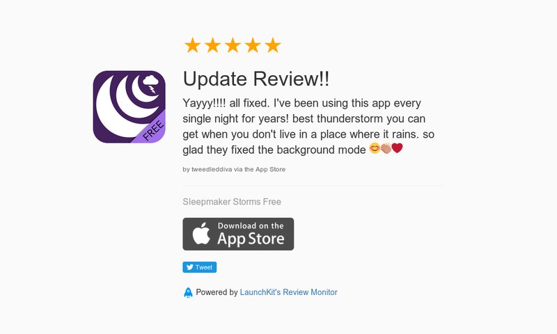 SleepmakerApps's tweet image. 5 Star Review: "Update Review!!: Yayyy!!!! all fixed. I've been using this app every singl…" launchkit.io/reviews/xf-CS9…