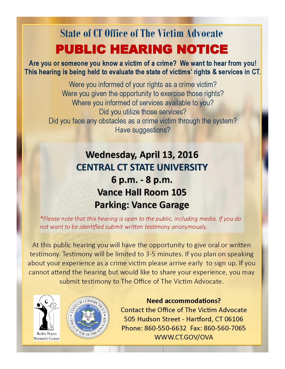 OVA_CT's tweet image. Has your life been affected by a crime? We want to hear from you! Join us tonight at a Public Hearing at CCSU - 6PM!