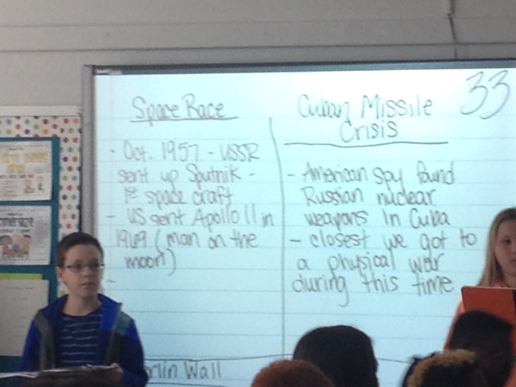 KCS_Lincoln's tweet photo. @FleenorsFifth class presents facts on the Space Race, Cuban Missile Crisis, and Berlin Wall. Students are teaching! https://t.co/CooshPs7AW