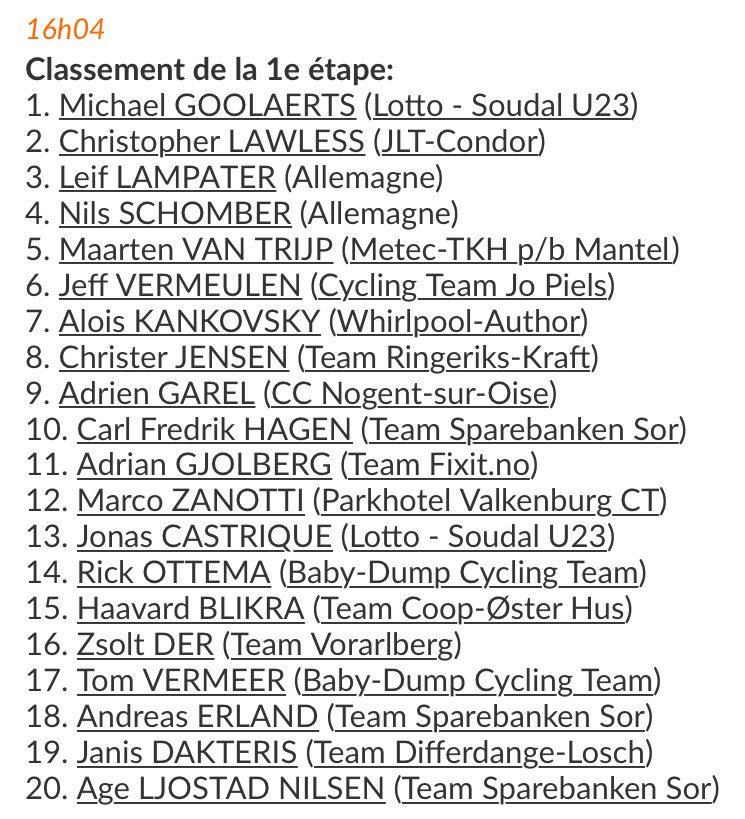 Jeff Vermeulen 6e in 1e etappe Tour du Loir et Cher <a href="/jeffvermeulen/">Jeff Vermeulen</a>