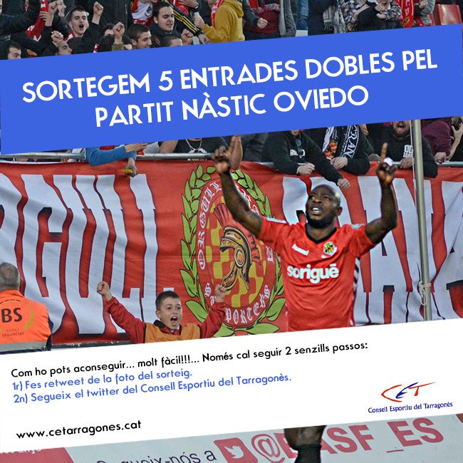 cetarragones's tweet photo. SORTEGEM 5 ENTRADES DOBLES PEL NÀSTIC OVIEDO. Fes retweet de la foto per participar. El dia 15 publicarem guanyadors https://t.co/M7yMvweedj