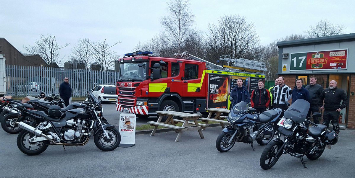 CheshireFire's tweet photo. Motorbikes and bikers, fire engine and firefighters @Coffee500Widnes for biker awareness. https://t.co/TMvYYeslOY https://t.co/xdKYkmAwxS