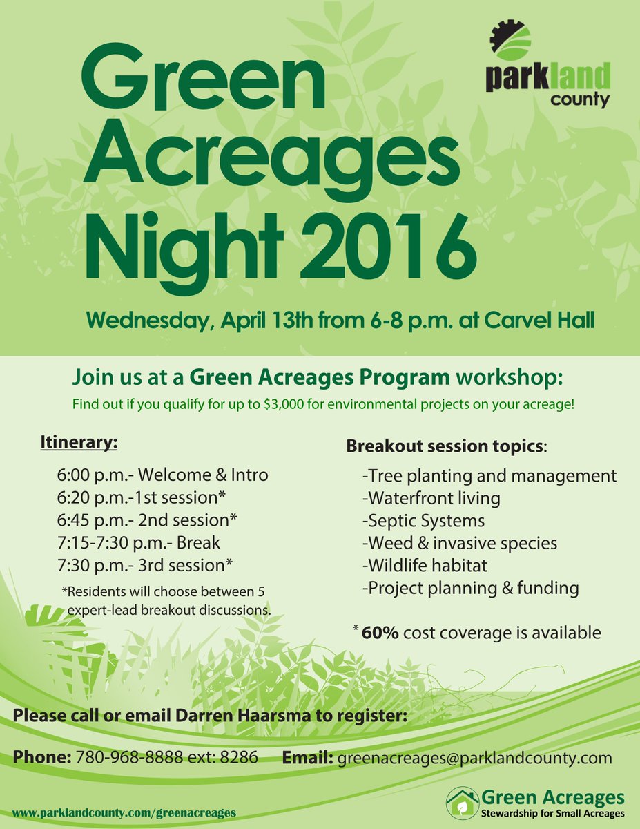 Interested in tree planting or septic system improvements? Come to tonight's Green Acreages Night <a href="/CarvelHallAB/">Carvel Hall</a>