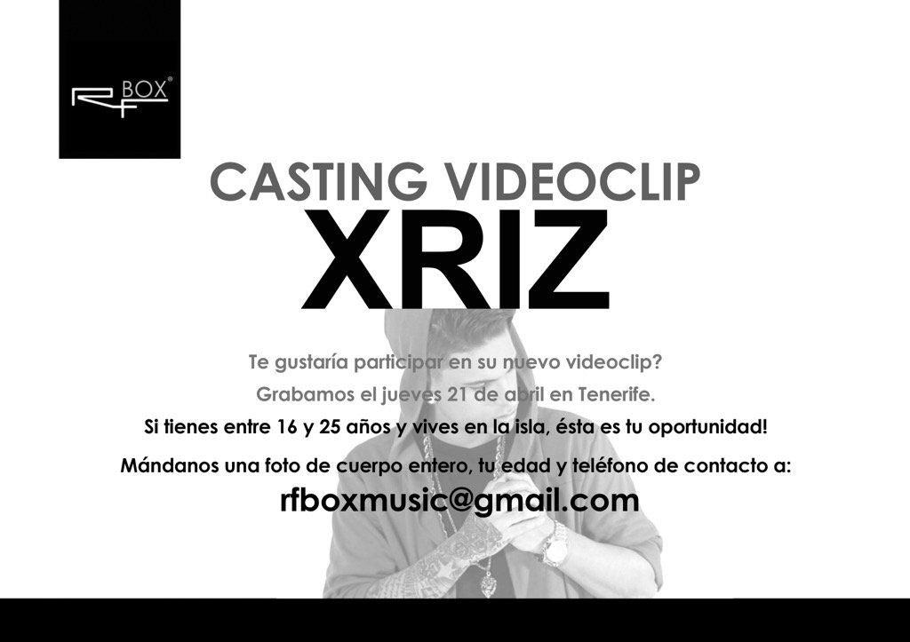 RFBOX's tweet photo. Quieres salir en el nuevo videoclip de @OfficialXriz ? Grabamos el jueves 21, si estás x Tenerife, ya sabes! 👇🏽 https://t.co/BvY7GbMATI