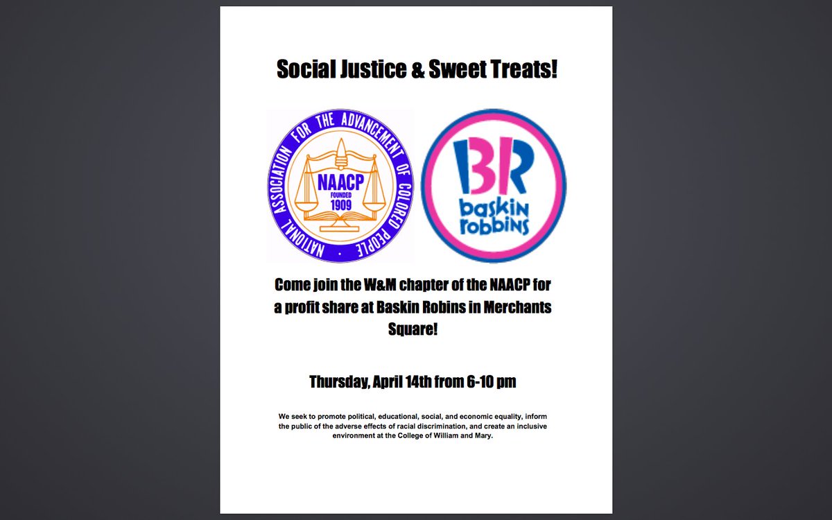 wm_naacp's tweet photo. Come support @wm_naacp at our profit share tomorrow at Baskin Robbins! https://t.co/NwKtw7qkjj