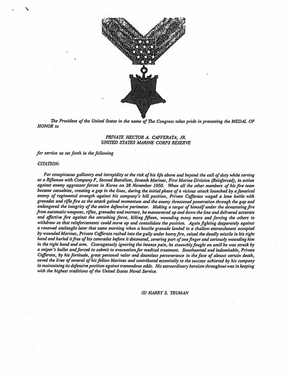 Pvt. Cafferata received MoH for holding the line and saving Marines in Korea. He passed Apr. 12, 2016

Semper Fi.