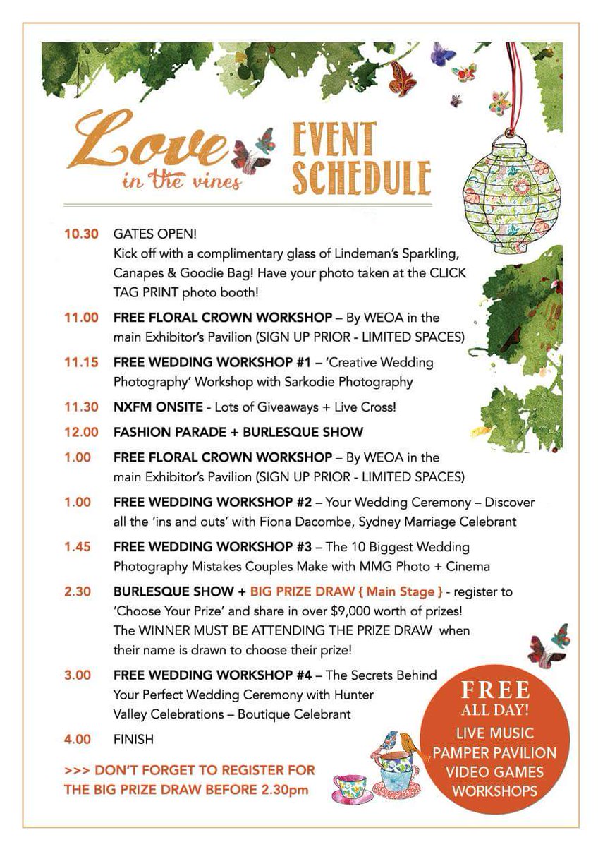 Photobrations's tweet image. Here is the event schedule for THE LOVE IN THE VINES EXPO this Sunday at Lindemans Pokolbin.