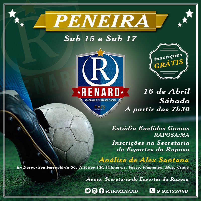 RafsRenard's tweet image. ***ATENÇÃO***Craques da RAPOSA/MA. PENEIRA SUB 15 e SUB 17 Estádio Euclides Gomes 16/04 Sábado 7h30 #RENARD #FUTEBOL