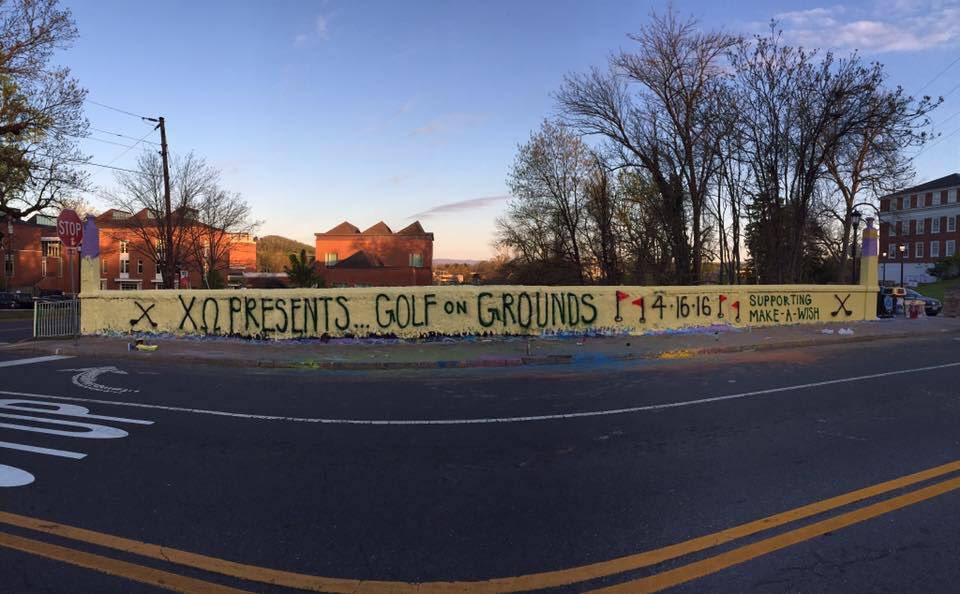 UVAChiOmega's tweet photo. Sisters painted Beta Bridge to advertise Golf on Grounds! Come support @MakeAWishVA with us Saturday on the Lawn! https://t.co/WefwW04glo