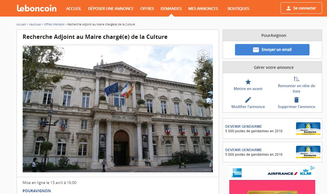 Sur #LeBonCoin, on cherche un adjoint à la #culture sur.laprovence.com/ncUE-moSU #Avignon #Vaucluse