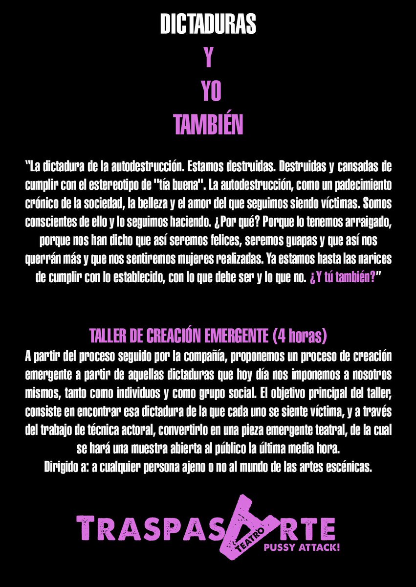 cia_traspasarte's tweet photo. Este fin de semana en #Murcia Taller y obra DICTADURAS. #empoderart #pussyattack #murciateatro #murciacultural https://t.co/RLan5eYg1K