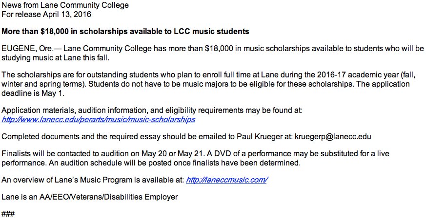 rowlett's tweet photo. More than $18,000 in #scholarships is available for #music students at #LaneCC.  Apply today https://t.co/miUscqdQk9 https://t.co/UasDT5hcEJ