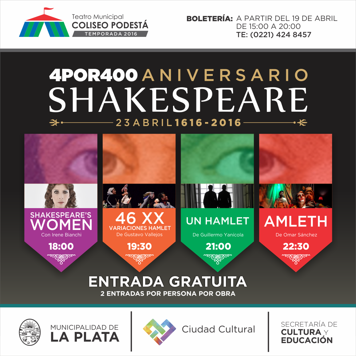 tcoliseopodesta's tweet photo. 4 POR 400: Un especial homenaje a #WilliamShakespeare.
#ShakespearesWomen #46XXVariacionesHamlet #UnHamlet #Amleth. https://t.co/azD7DyXu6Y