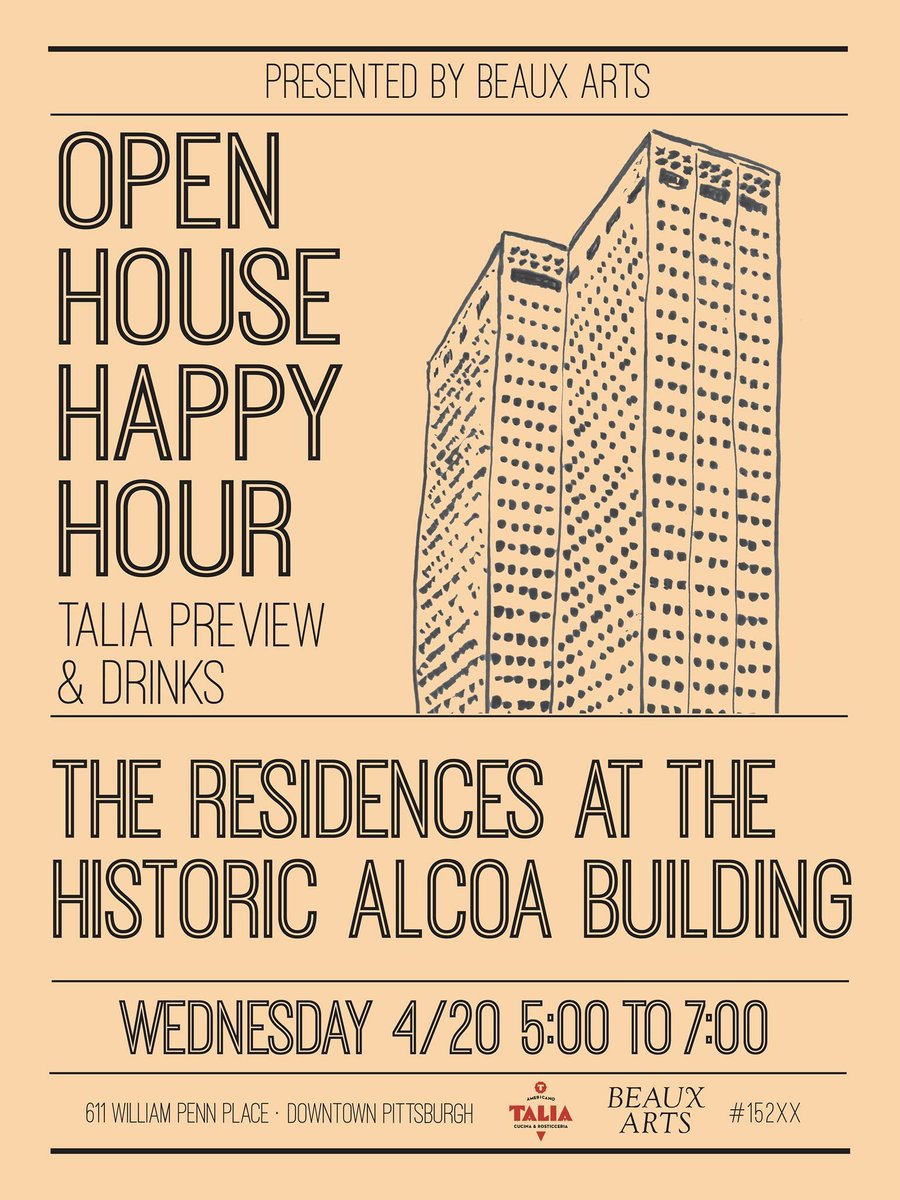 DowntownPitt's tweet photo. Next Wed, join @BeauxArtsLiving for their Open House Happy Hour! Feat. wine, @ZipcarPITT, and more. https://t.co/D3OlWXlrIu