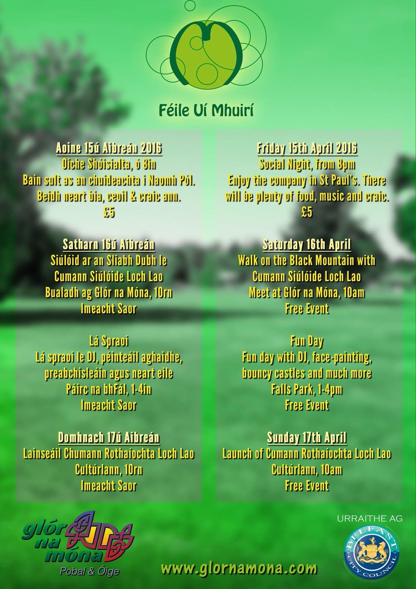 Féile Uí Mhuirí, tá neart ag titim amach. Bí linn! #Gaeilge