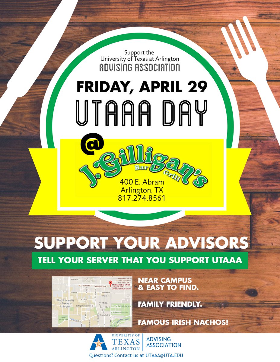 UTA_Advisors's tweet photo. Support @UTArlington Academic Advisors on UTAAA Day (4/29) & enjoy @jgilligans Famous Irish Nachos! #UTAAdvised https://t.co/8oYV1q33ko