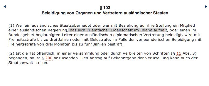Hmm, greift der § 103 im Falle <a href="/janboehm/">🚫⛔️jAaj Bä¶Ã¶l&&rma!nN 💩</a> gar nicht? „… das sich in amtlicher Eigenschaft im Inland aufhält“