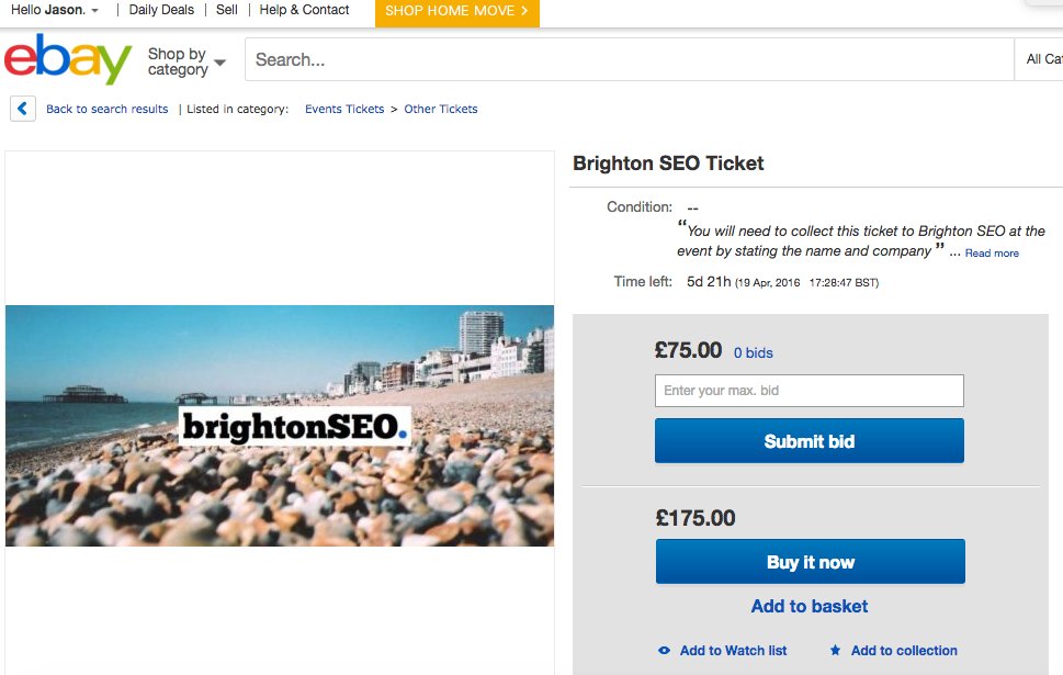 kelvinnewman's tweet photo. OK fess up who’s trying to flog their #brightonSEO ticket on eBay https://t.co/5pv3wk2Z7T