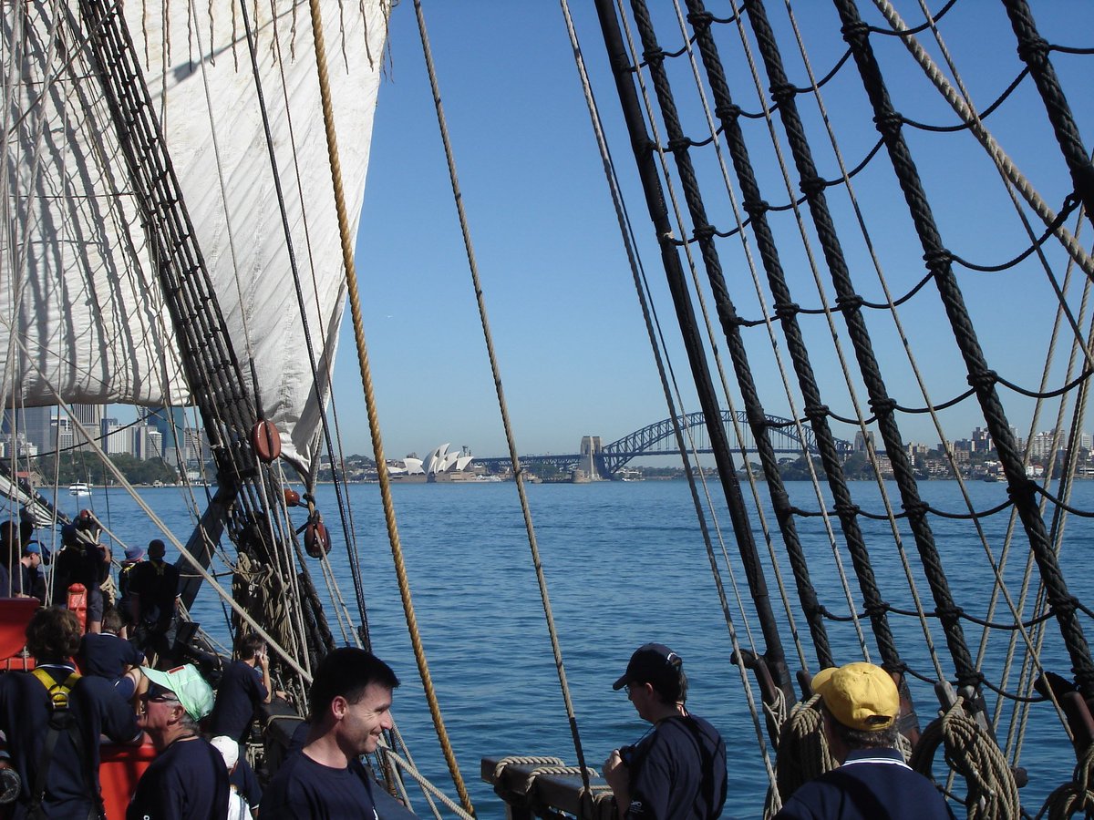 OllyAus's tweet photo. Great trip on board @hmbendeavour from Eden to Sydney as crew. I helmed through Sydney Harbour #10yearsAgo https://t.co/WcYlQ6T7PF