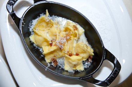 #BeardHouse Photo of the Day: Egg Yolk and Grana Padano–Stuffed Ravioli with Bacon + Pecorino by <a href="/FelidiaNYC/">Felidia</a>