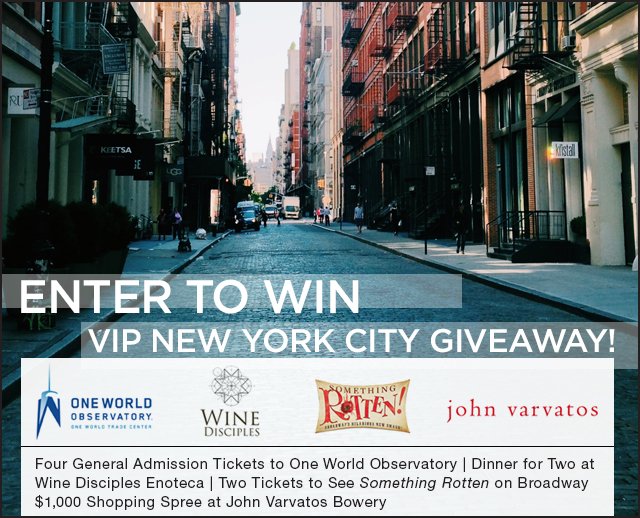 NYC_Info's tweet photo. Enter to Win! Prizes from @johnvarvatos @RottenBroadway @WineDisciples @OneWorldNYC  https://t.co/qrZfkkuB6h https://t.co/BmMt3gH5n1