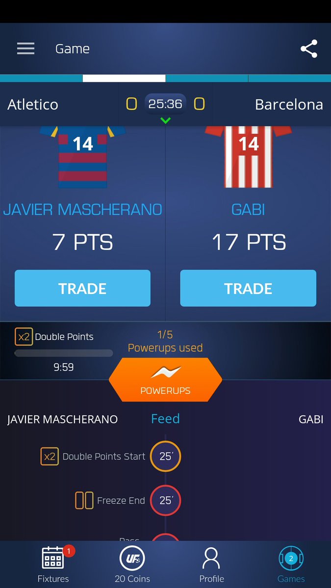 CrosbieJosh's tweet photo. Just used my Double Up on Javier Mascherano on @ultimatefanlive for #Atleti vs #FCB https://t.co/CA9N7QEZf6